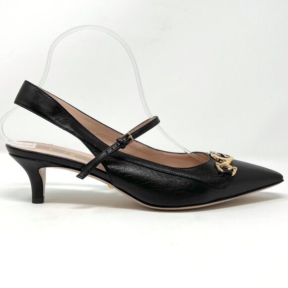 Gucci Zumi Interlocking Logo Black Leather Pointed Toe Low Heels Slingback Pumps - Picture 4 of 9